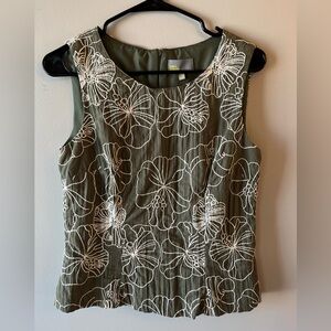 Linea Domani Fitted Blouse -Olive Green/Cream Coloured Stitched Flowers- Size 8